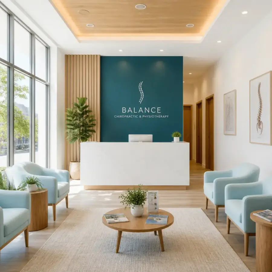 Bright, calm clinic lobby with light-blue chairs and a deep teal reception wall
